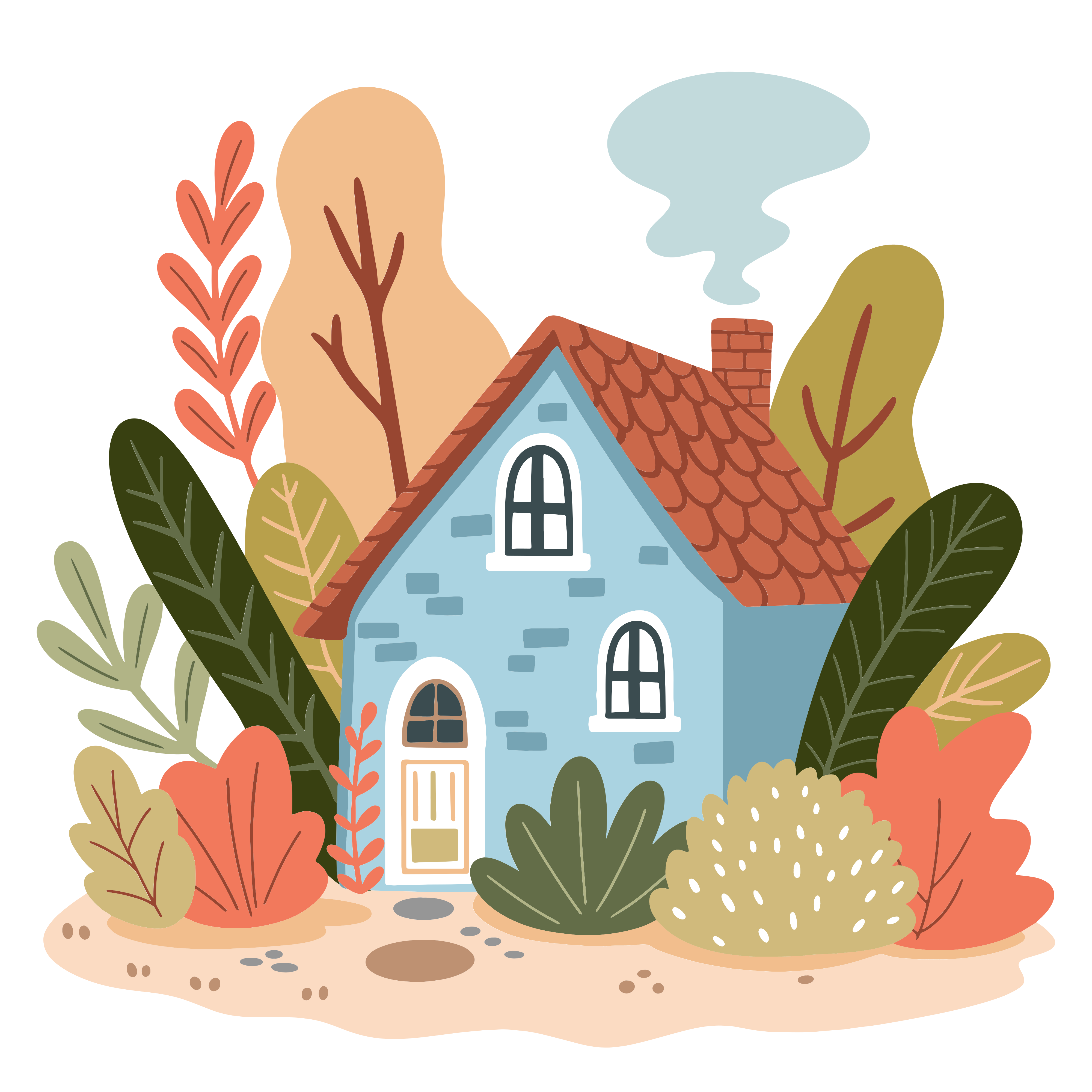 Blue cottage surrounded by colorful shrubs and trees